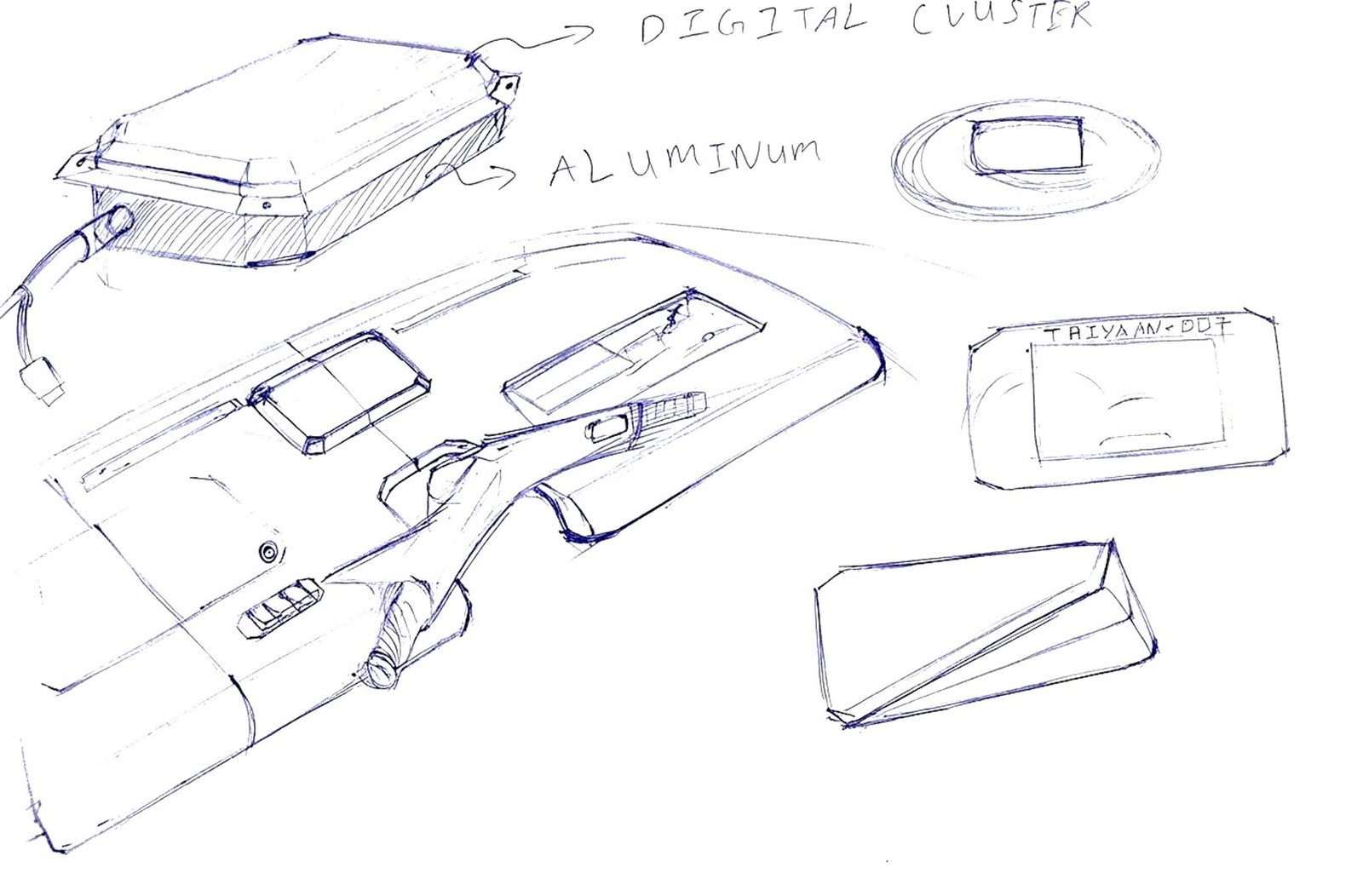 Ballpoint sketch sheet of the dashboard — digital cluster, aluminium trim, switchgear and steering positions