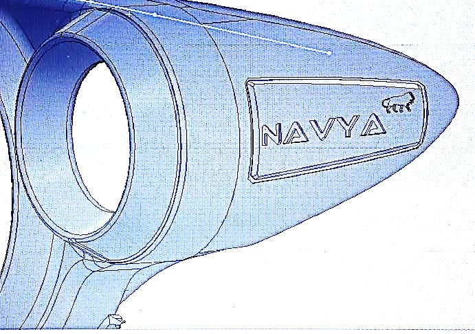 Blueprint-style CAD sketch of the headlight housing with NAVYA embossed on the shell