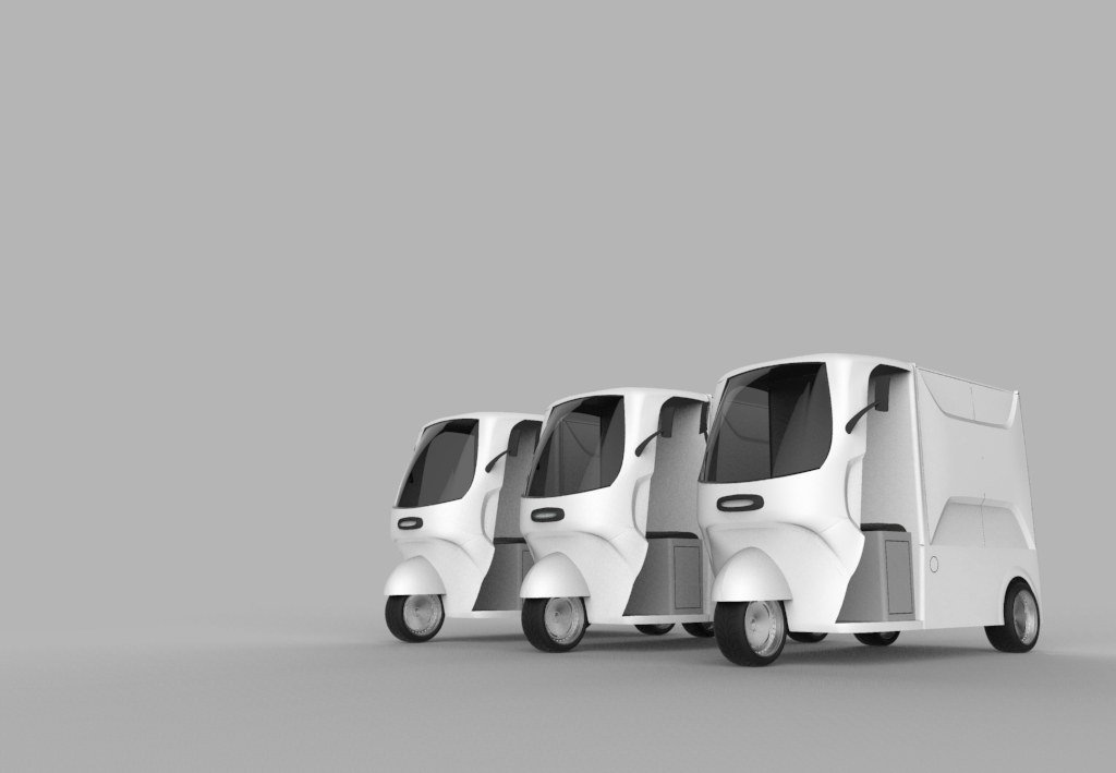 Three white pod vehicles rendered in a row