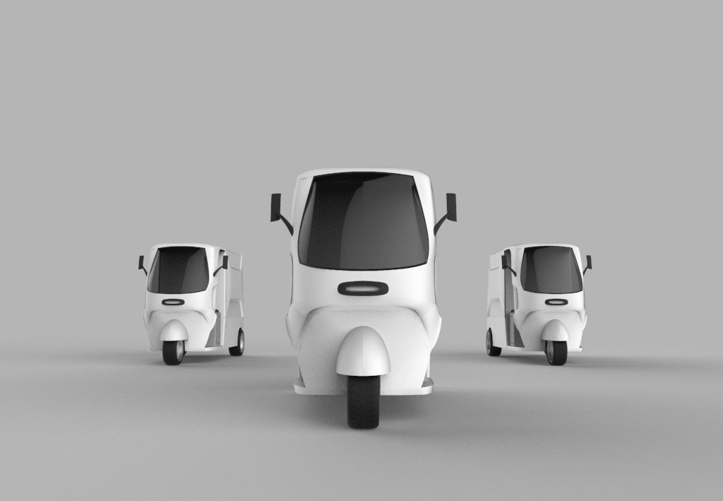 Three white pod vehicles arranged front-on and in three-quarter views
