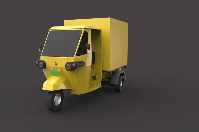 Render of a yellow Navya with a closed box body