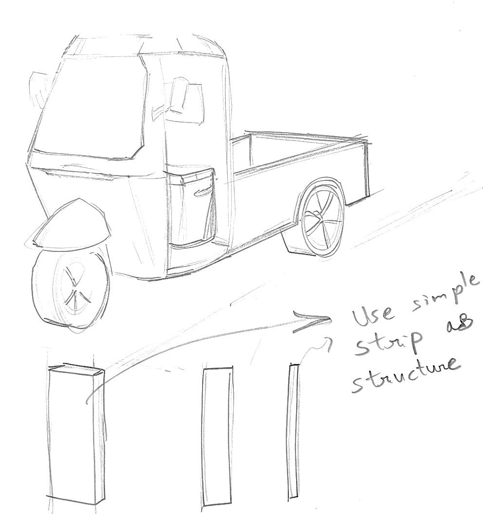 Sketch of the cargo pickup with the note: use simple strip as structure