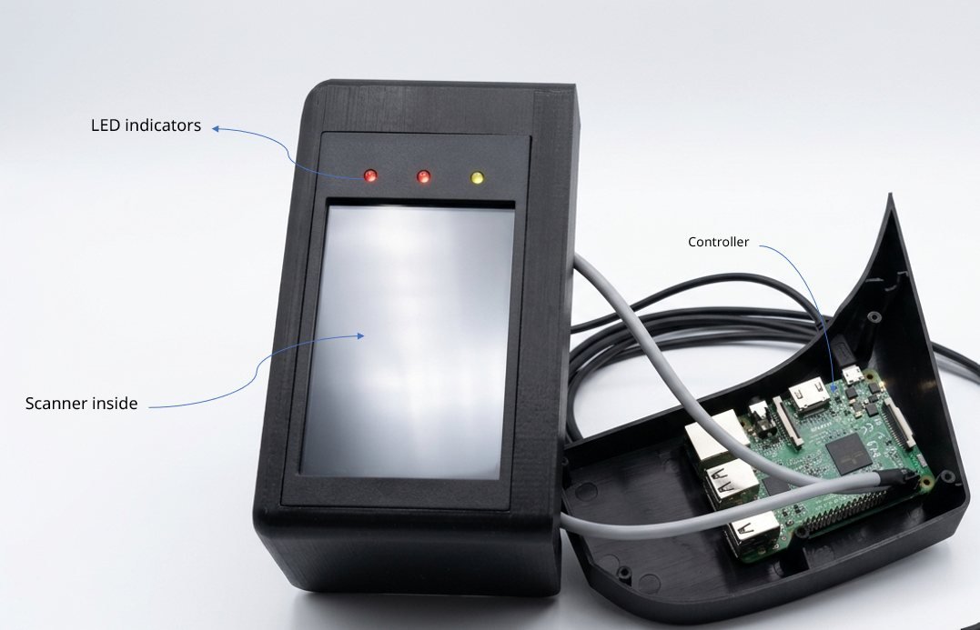 Open scanner housing showing LED indicators, the scanner and the Raspberry Pi controller wired inside