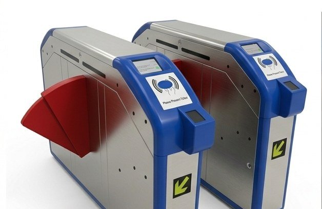 Render of paired Delhi Metro gates with red flaps and overhead QR scanners