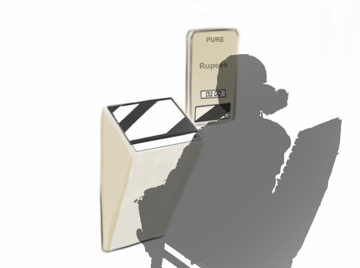 Concept render with a user silhouette at a slim gold-toned wall unit — the gold biscuit look